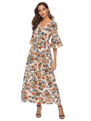 Printed Chiffon V-Neck Flared Sleeve Plus Size Dress Sai Feel