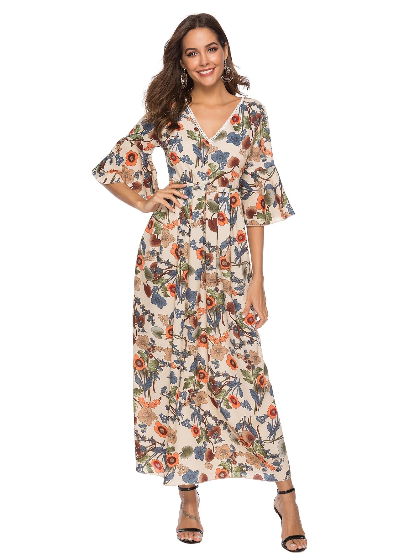 Printed Chiffon V-Neck Flared Sleeve Plus Size Dress Sai Feel