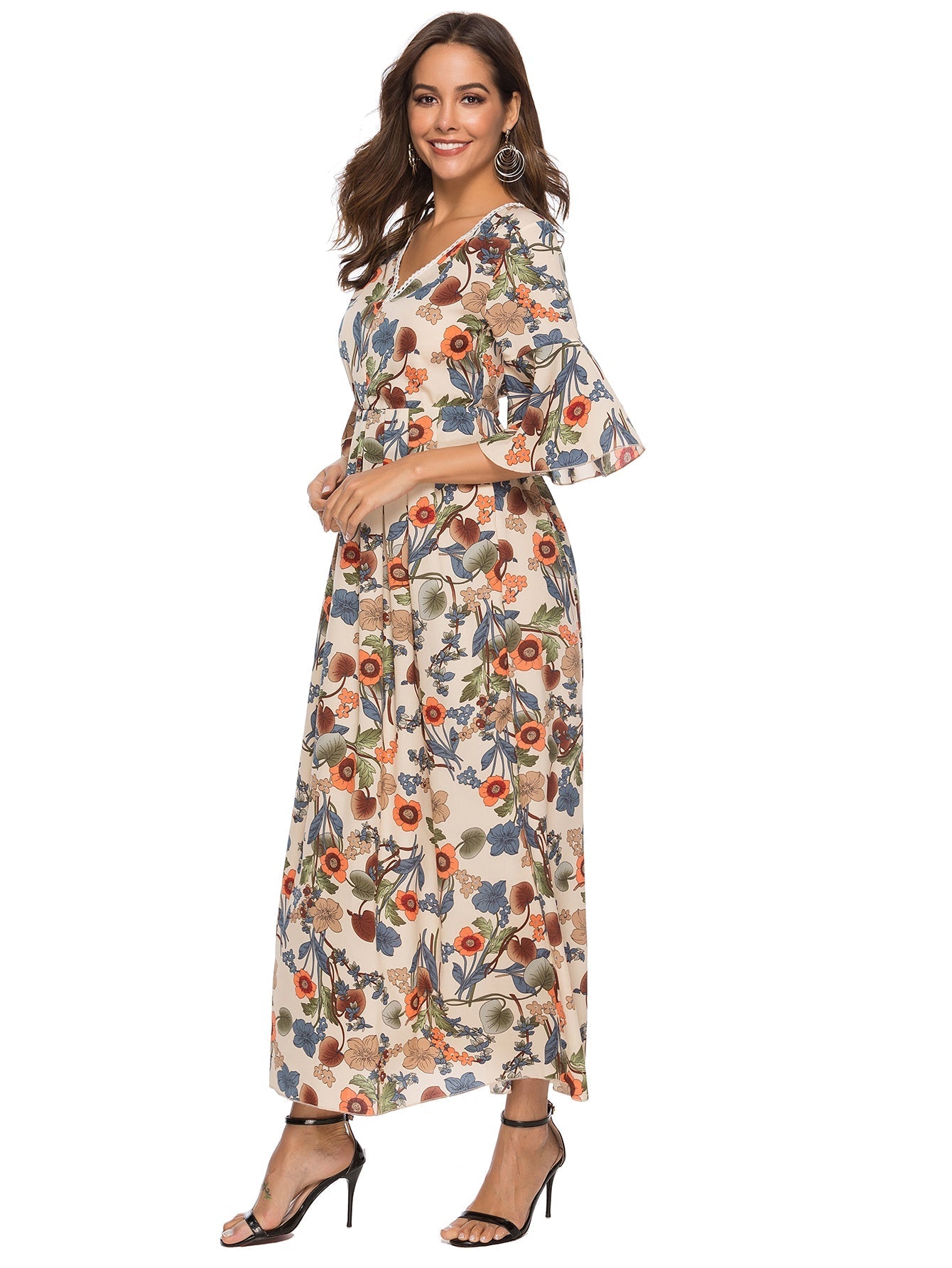 Printed Chiffon V-Neck Flared Sleeve Plus Size Dress Sai Feel