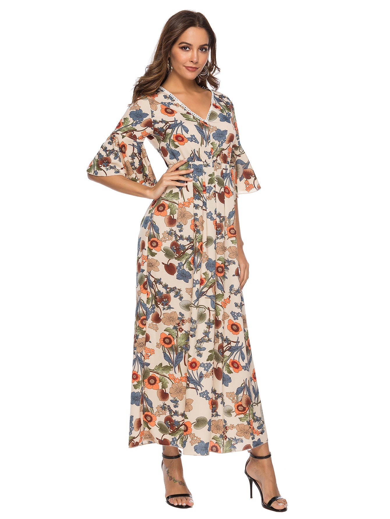 Printed Chiffon V-Neck Flared Sleeve Plus Size Dress Sai Feel