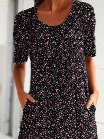 Printed Crew Neck Short Sleeve Pocket Dress Sai Feel