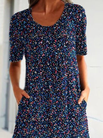 Printed Crew Neck Short Sleeve Pocket Dress Sai Feel