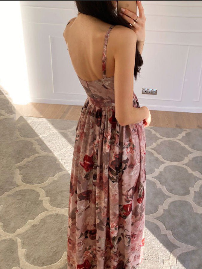 Printed Deep V-Neck Slit Sling Dress Sai Feel