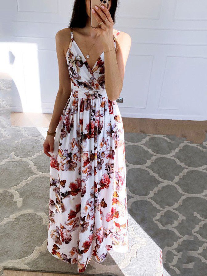 Printed Deep V-Neck Slit Sling Dress Sai Feel