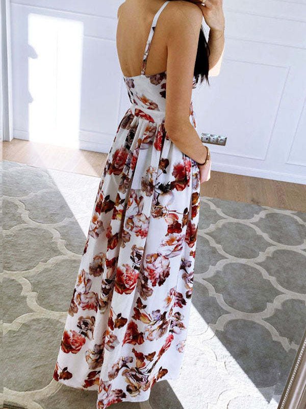 Printed Deep V-Neck Slit Sling Dress Sai Feel