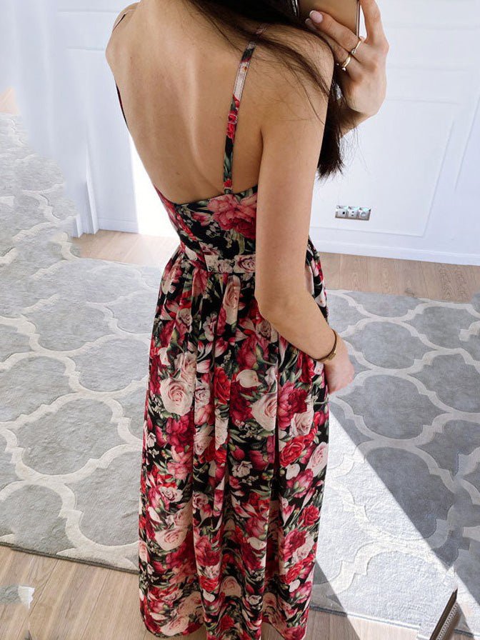 Printed Deep V-Neck Slit Sling Dress Sai Feel