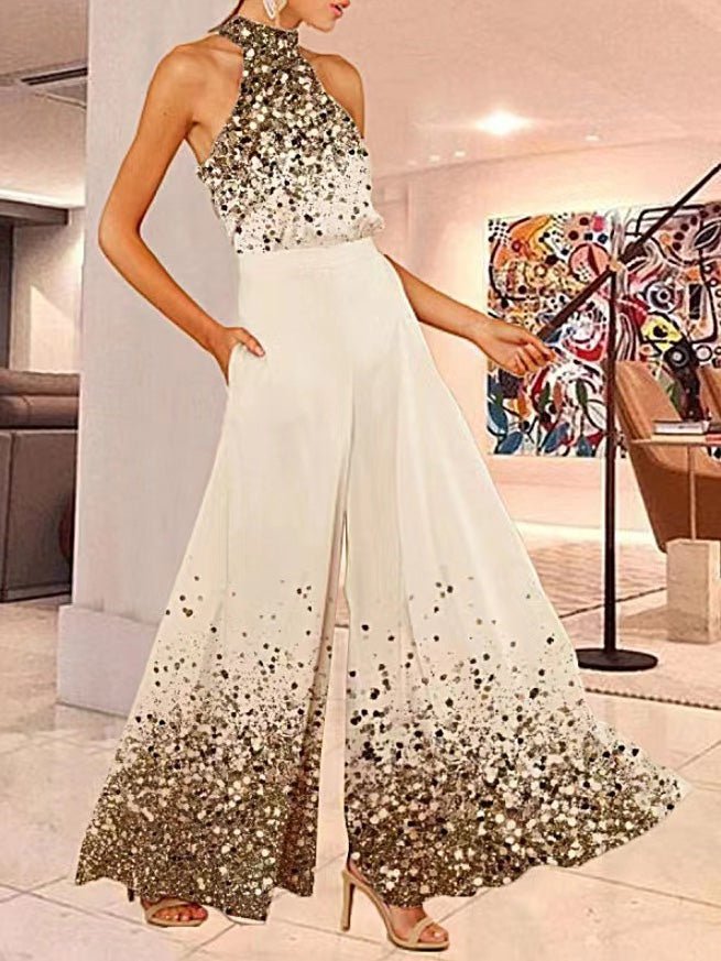 Printed Halterneck Sleeveless Wide-Leg Jumpsuit Sai Feel