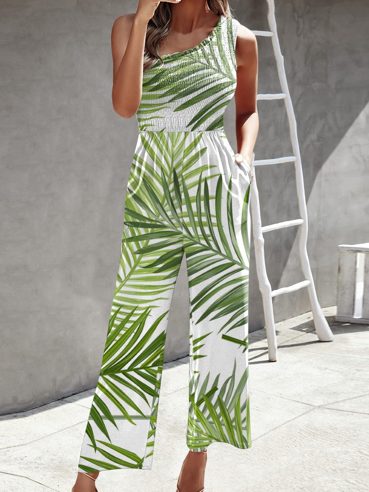 Printed One Shoulder Wide Leg Jumpsuit Sai Feel