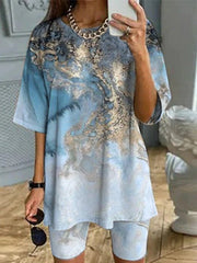 Printed Short Sleeve T-Shirt & Shorts Two-Piece Set Sai Feel