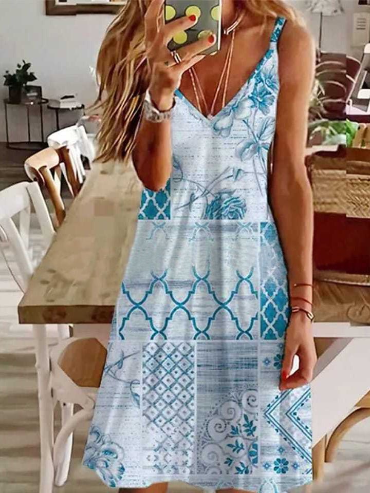 Printed Sling V-Neck Sleeveless Dress Sai Feel