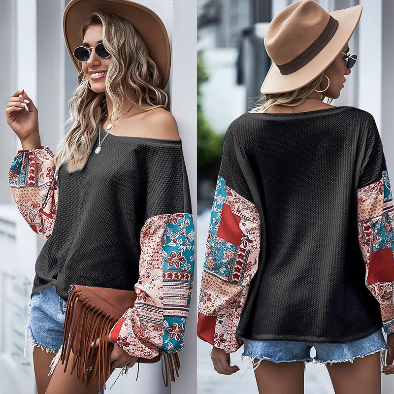 Printed Stitching Round Neck Bat Long-sleeved Bohemian Casual T-shirt Top Sai Feel