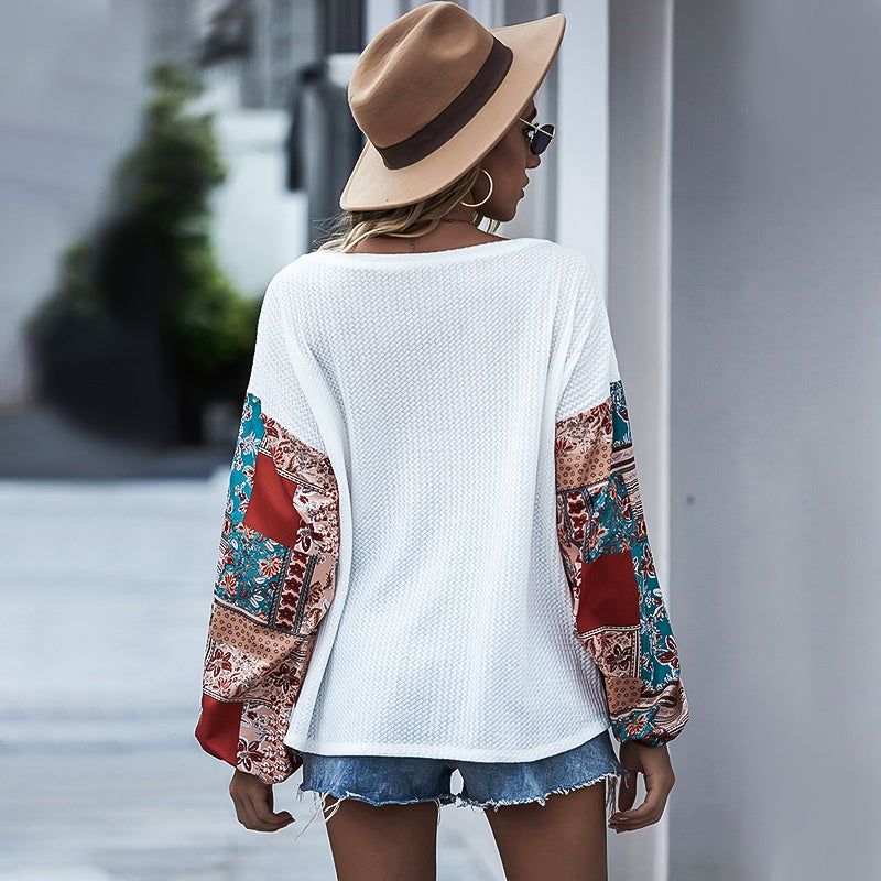 Printed Stitching Round Neck Bat Long-sleeved Bohemian Casual T-shirt Top Sai Feel