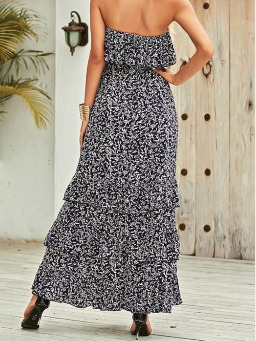 Printed Tube Top Ruffled Slit Dress Sai Feel