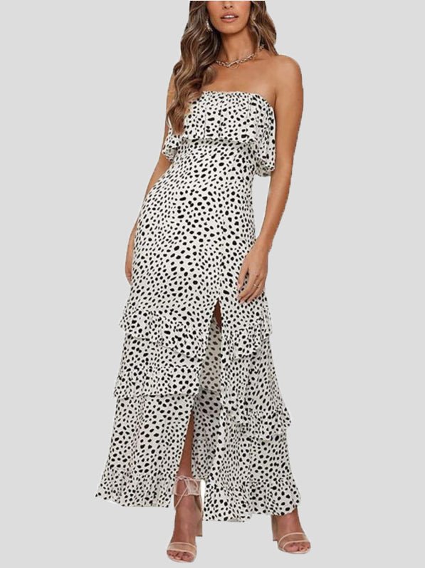 Printed Tube Top Ruffled Slit Dress Sai Feel