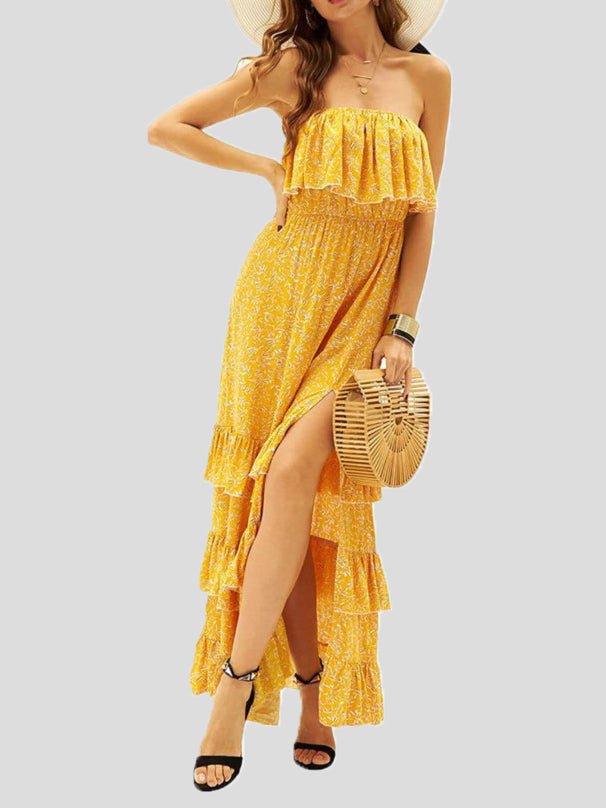 Printed Tube Top Ruffled Slit Dress Sai Feel