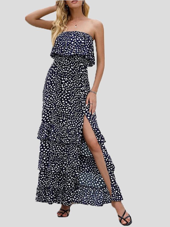 Printed Tube Top Ruffled Slit Dress Sai Feel