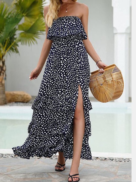 Printed Tube Top Ruffled Slit Dress Sai Feel