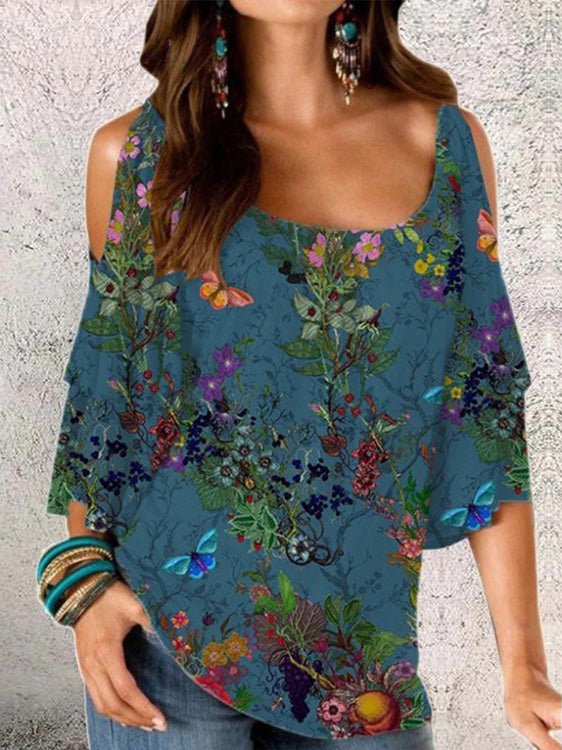 Printed U-Neck Off-Shoulder Mid-Sleeve T-Shirt Sai Feel