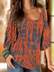 Printed U-Neck Off-Shoulder Mid-Sleeve T-Shirt Sai Feel