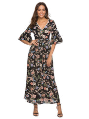 Printed V-Neck Flared Sleeve Lace Trim Dress Sai Feel