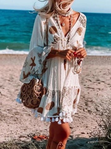 Printed V-Neck Fringed Long-Sleeve Dress Sai Feel