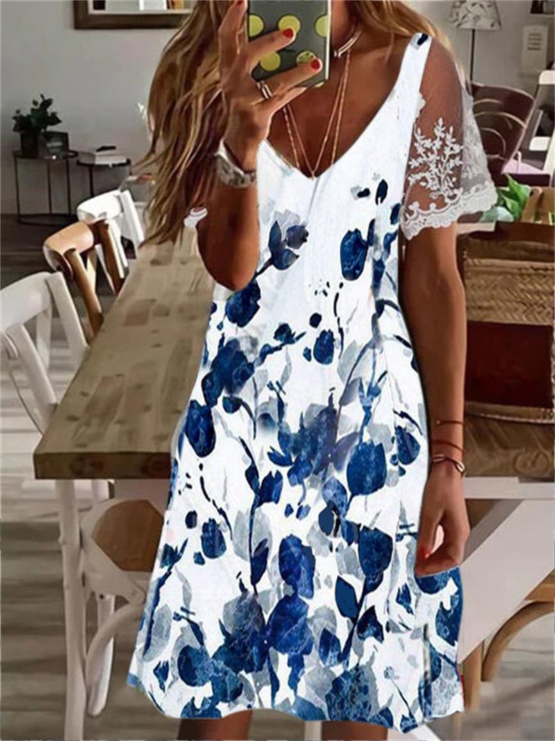 Printed V-Neck Lace Sleeve Dress Sai Feel