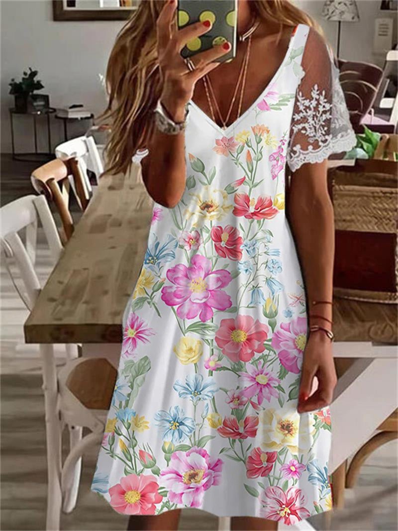 Printed V-Neck Lace Sleeve Dress Sai Feel