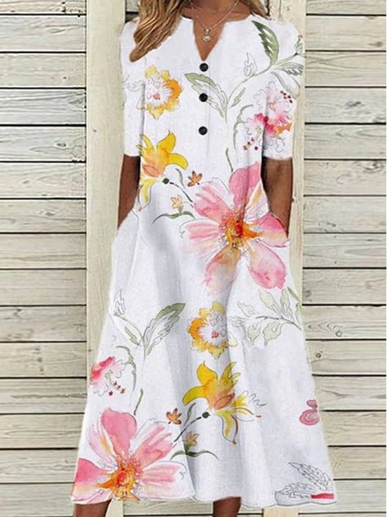 Printed V-Neck Mid Sleeve Pocket Dress Sai Feel