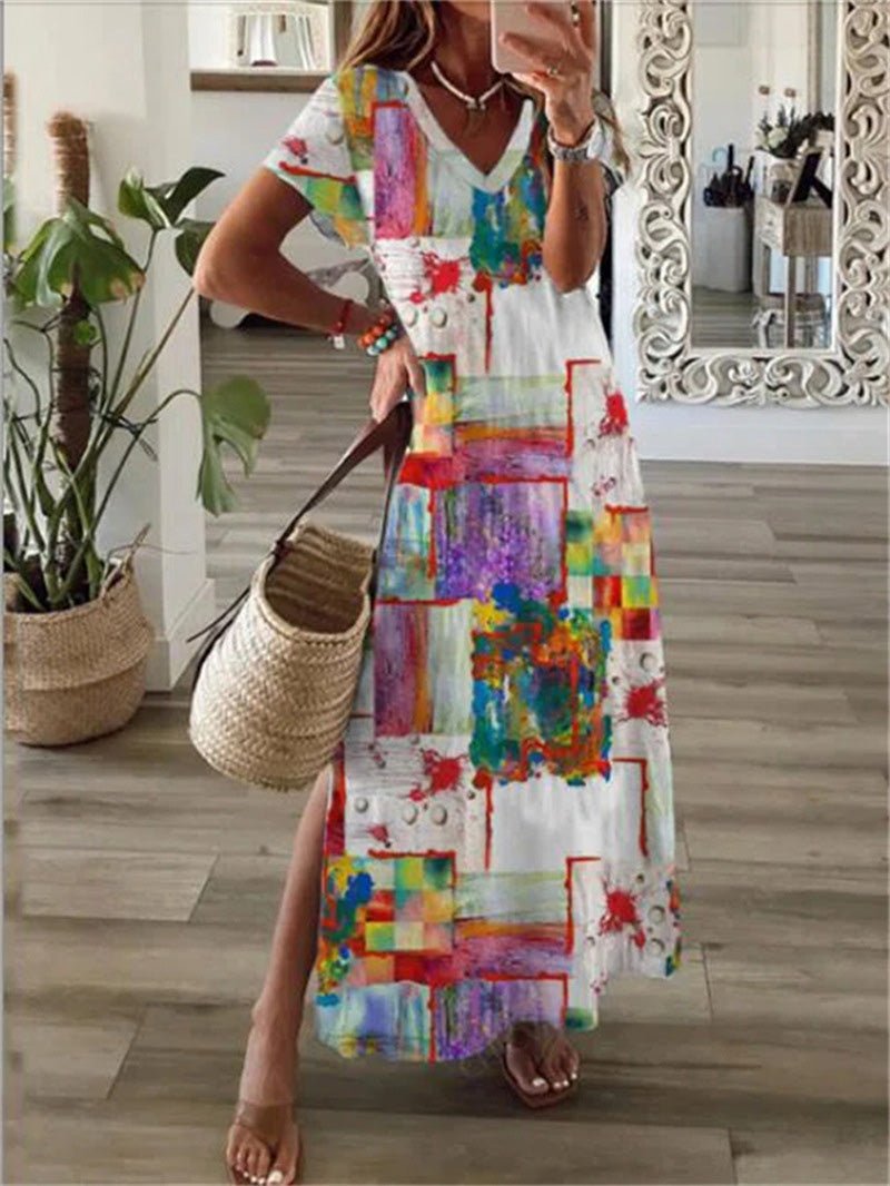 Printed V-Neck Short Sleeve Slit Dress Sai Feel