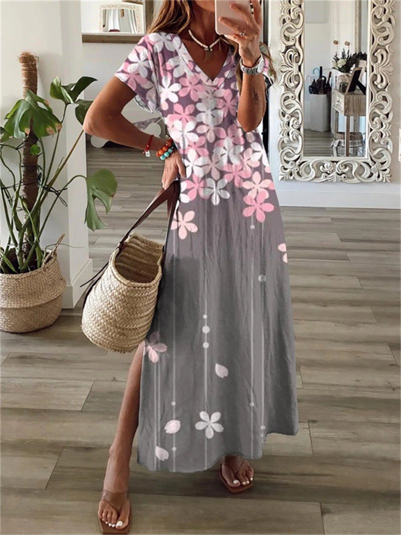 Printed V-Neck Short Sleeve Slit Dress Sai Feel