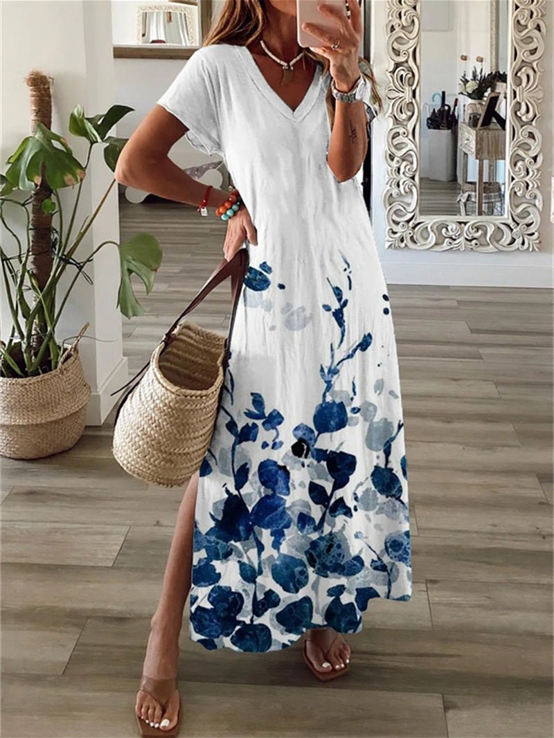 Printed V-Neck Short Sleeve Slit Dress Sai Feel