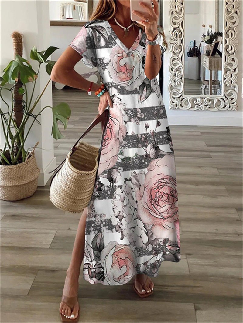 Printed V-Neck Short Sleeve Slit Dress Sai Feel