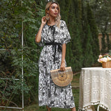 Printed V-neck Lotus Leaf Sleeve Lace-up Maxi Dress Sai Feel