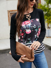 Printed stitching round neck mid-length long-sleeved top Sai Feel