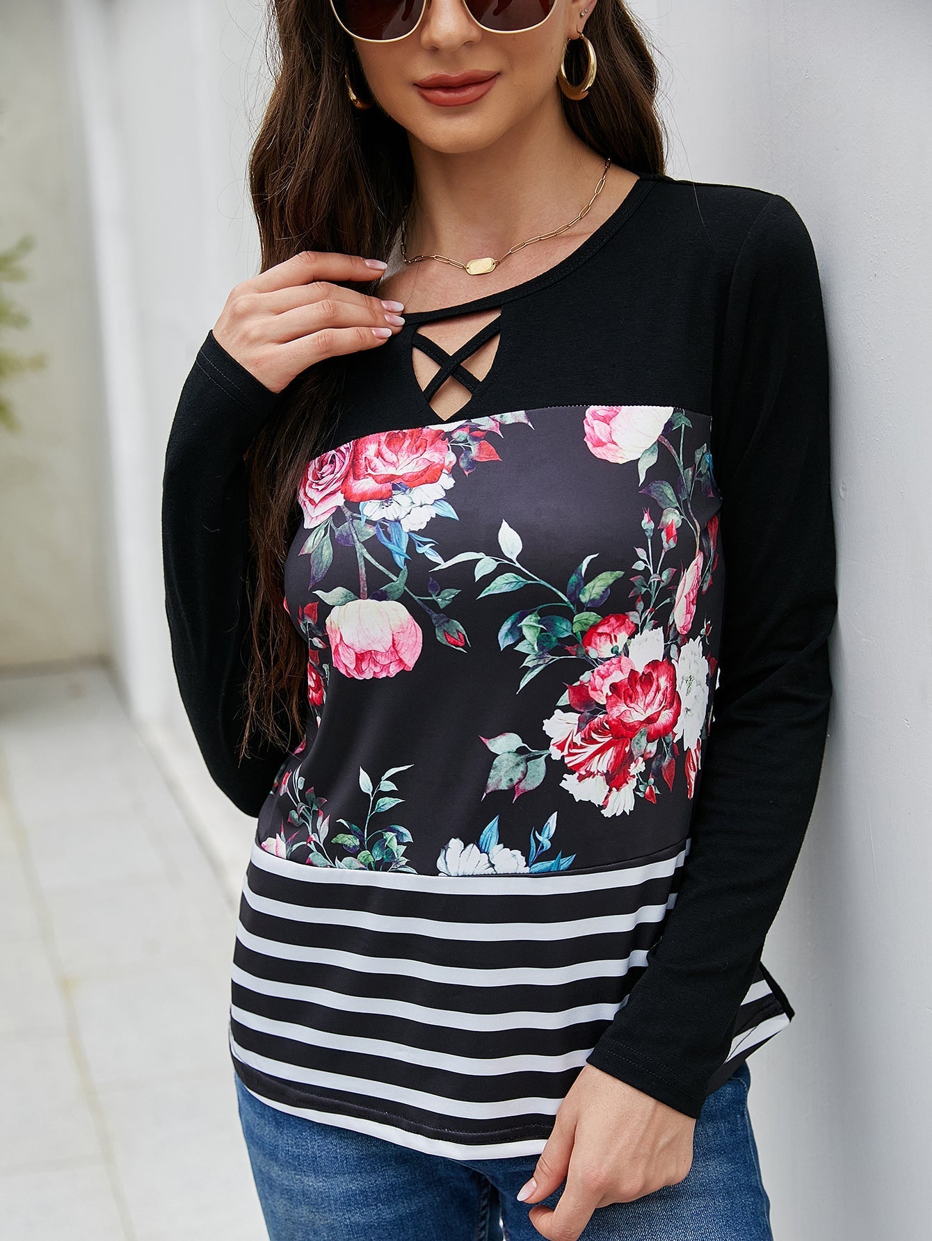 Printed stitching round neck mid-length long-sleeved top Sai Feel