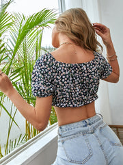 Puff Sleeve Button Front Ditsy Floral Crop Top Sai Feel