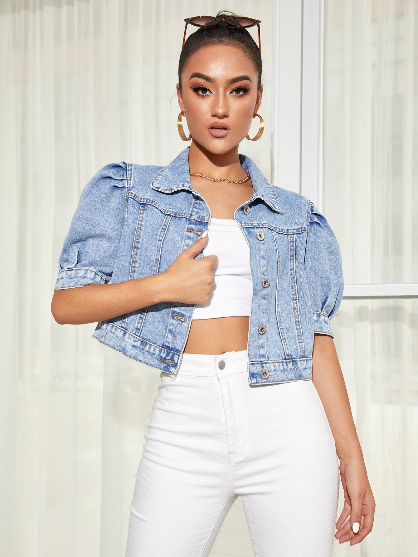 Puff Sleeve Crop Denim Jacket Sai Feel