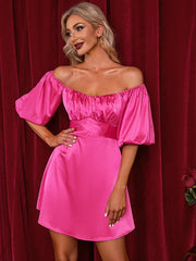 Puff Sleeve Ruched Bust Satin Dress Sai Feel