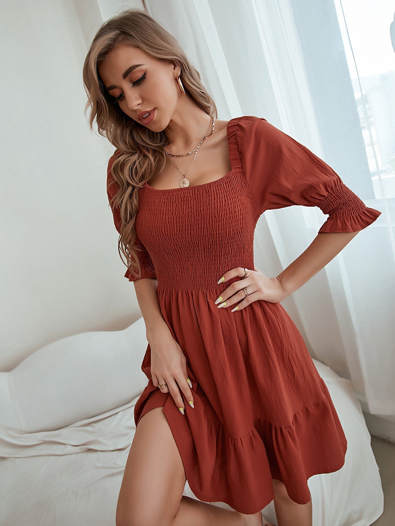 Puff Sleeve Ruffle Hem  Dress Sai Feel