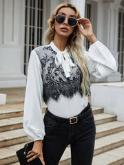 Puff sleeve top black lace stitching bow tie long-sleeved shirt Sai Feel