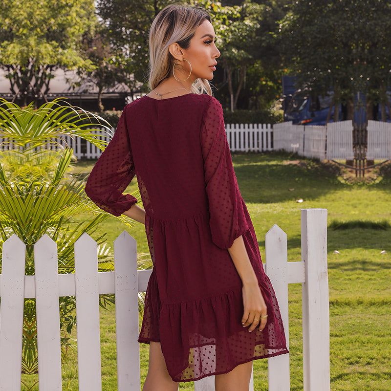 Pure Color Round Neck Stitching Lace Pleated Dress Sai Feel