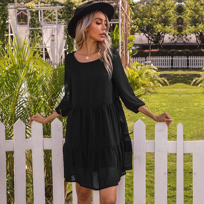 Pure Color Round Neck Stitching Lace Pleated Dress Sai Feel