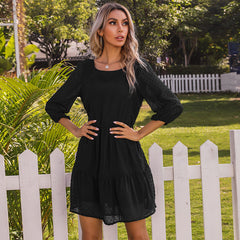 Pure Color Round Neck Stitching Lace Pleated Dress Sai Feel