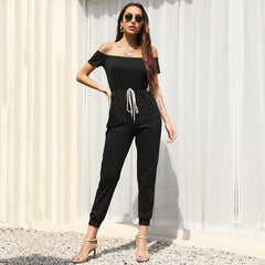Pure Color Short-sleeved Casual One-shoulder Lace-up Jumpsuit Straight-leg Pants Sai Feel
