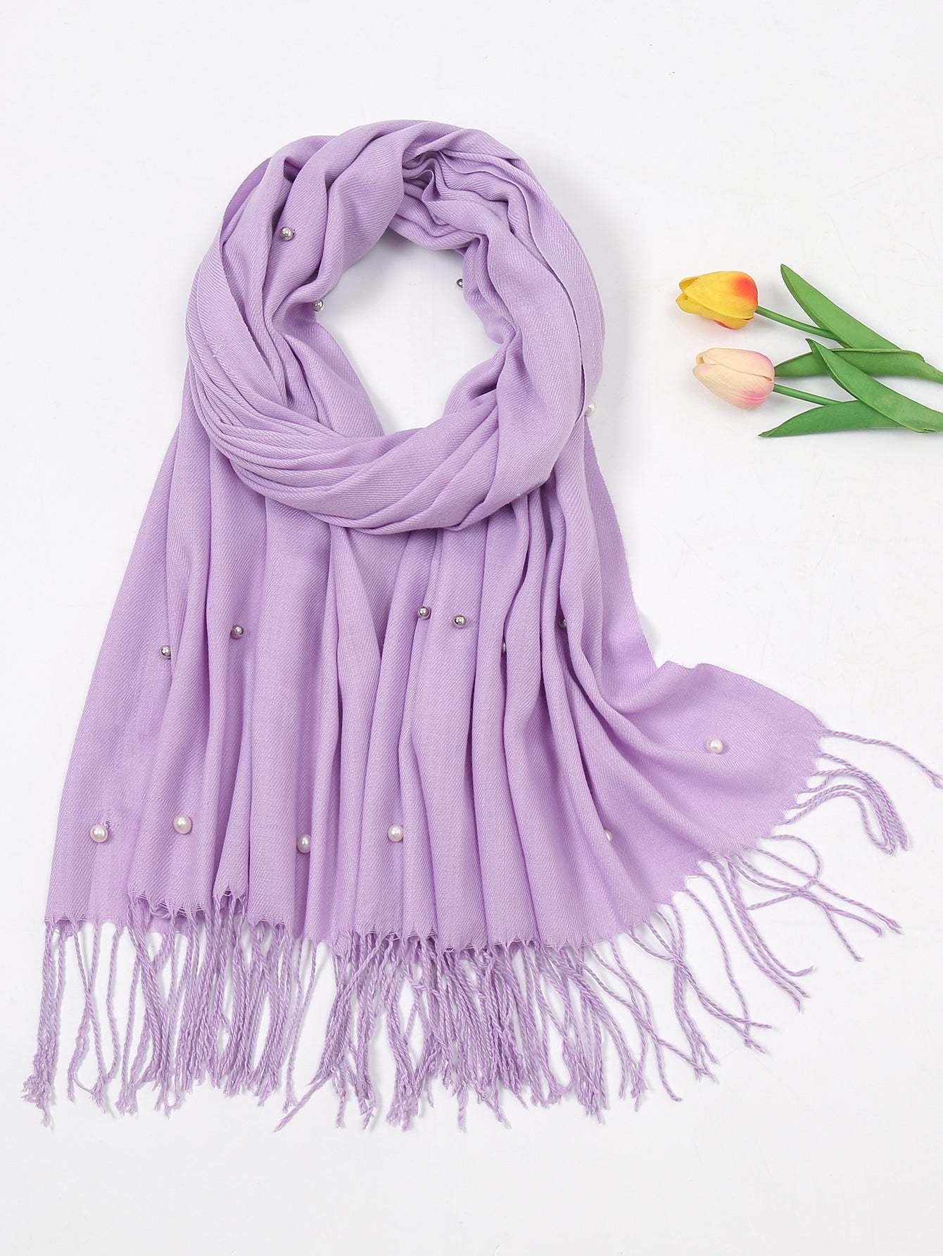 Pure color fringed imitation pearl scarf Sai Feel