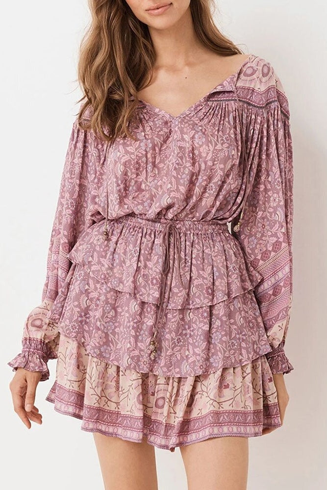 Purple Long Sleeve Layered Ruffle Mini Dress Sai Feel