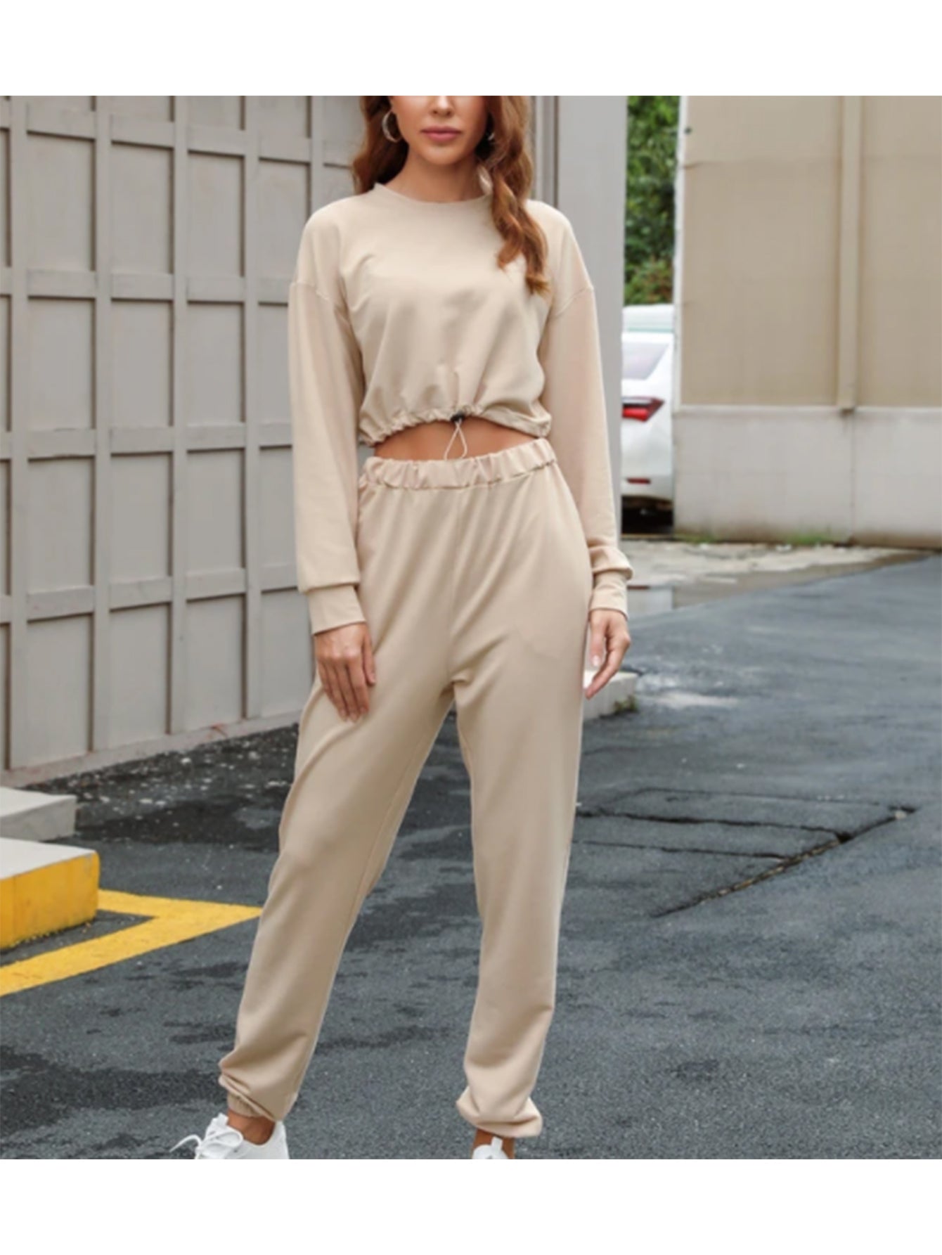 ROUND NECK SOLID COLOR BASIC TWO-PIECE PANTS SET Sai Feel