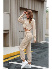 ROUND NECK SOLID COLOR BASIC TWO-PIECE PANTS SET Sai Feel