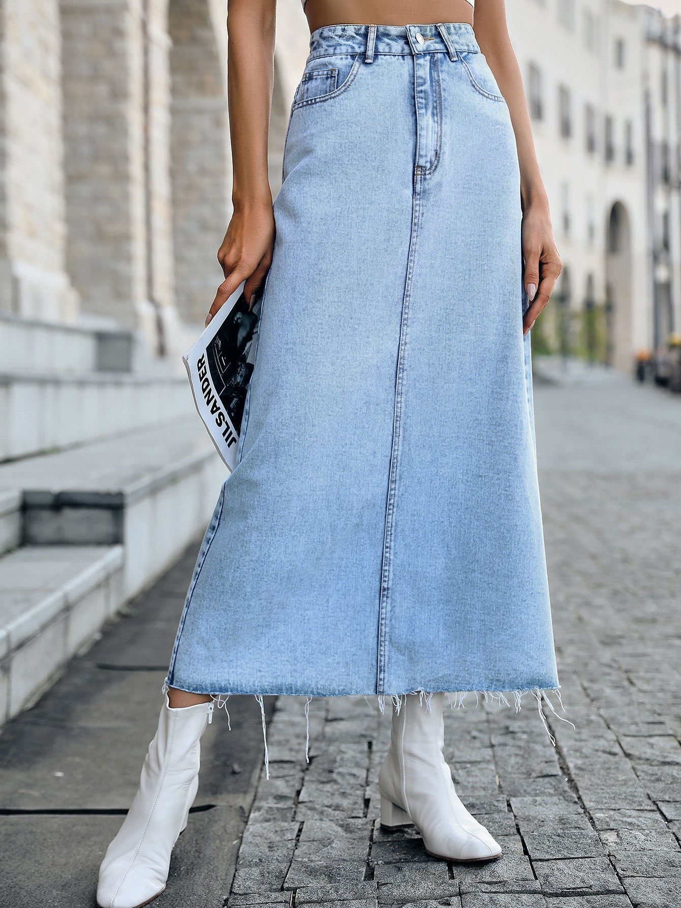 Raw Hem Maxi Denim Skirt Sai Feel