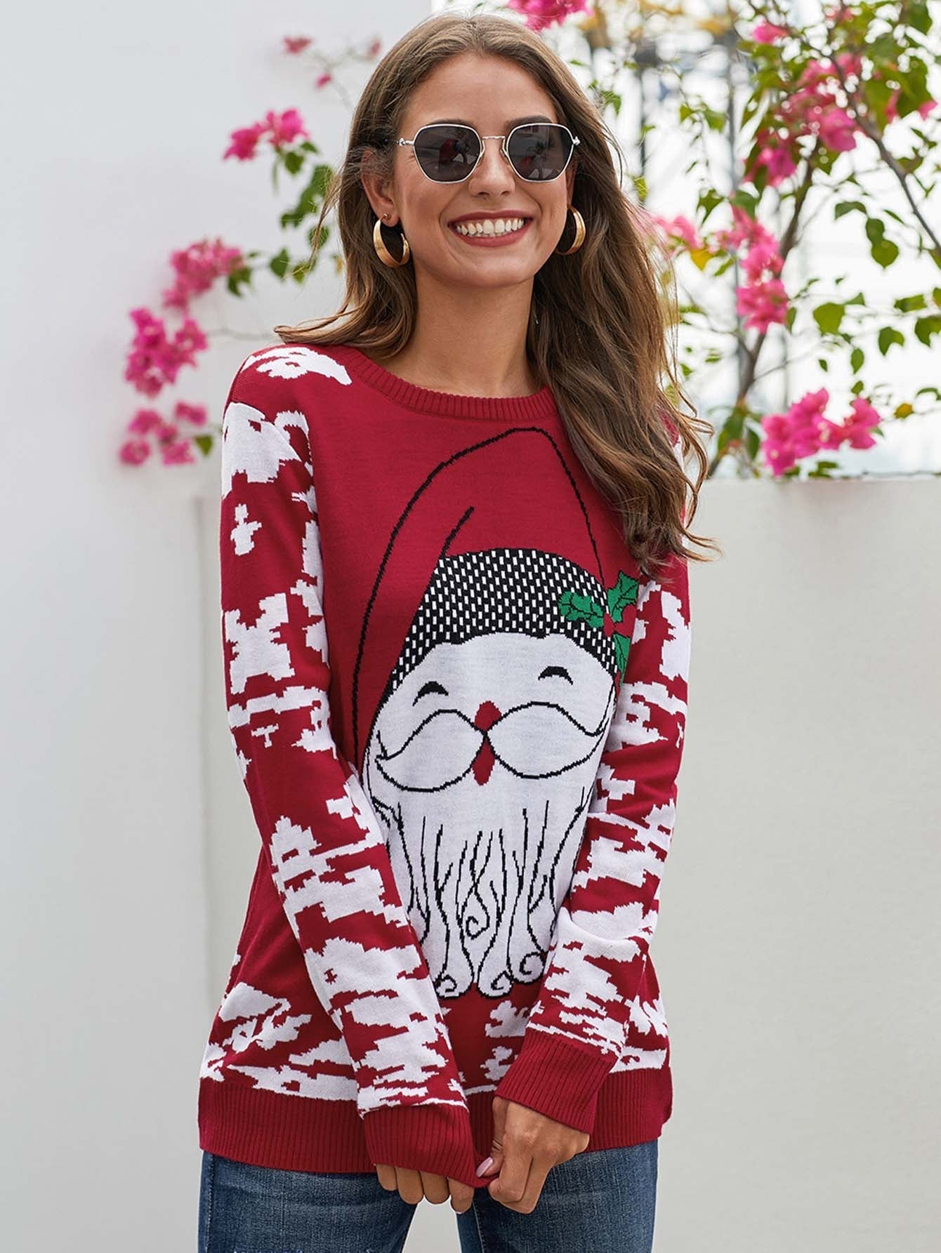 Red Reindeer Santa Clause Cartoon Print Ugly Christmas Sweater Sai Feel